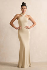 Crisscross Halter Sheath Chiffon Bridesmaid Dress with Bow in Champagne | KISSBRIDAL