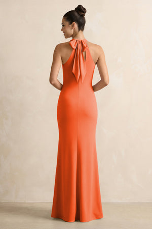 Crisscross Halter Sheath Chiffon Bridesmaid Dress with Bow in Cinnamon (2) | KISSBRIDAL