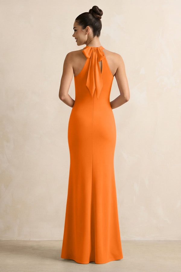 Crisscross Halter Sheath Chiffon Bridesmaid Dress with Bow in Cinnamon - SHE IS ME BRIDESMAID DRESSES