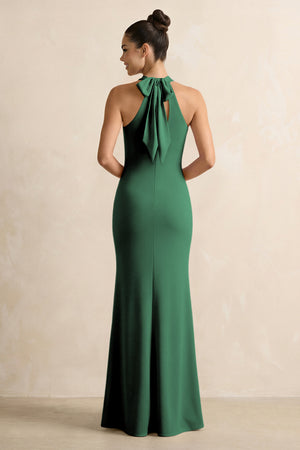 Crisscross Halter Sheath Chiffon Bridesmaid Dress with Bow in Dark Green (2) | KISSBRIDAL
