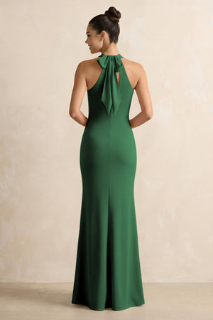 Crisscross Halter Sheath Chiffon Bridesmaid Dress with Bow in Dark Green - SHE IS ME BRIDESMAID DRESSES