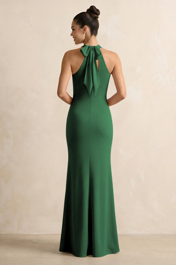 Crisscross Halter Sheath Chiffon Bridesmaid Dress with Bow in Dark Green - SHE IS ME BRIDESMAID DRESSES