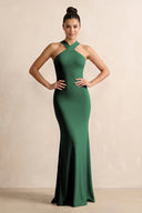 Crisscross Halter Sheath Chiffon Bridesmaid Dress with Bow in Dark Green | KISSBRIDAL