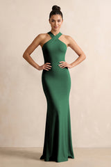 Crisscross Halter Sheath Chiffon Bridesmaid Dress with Bow in Dark Green | KISSBRIDAL