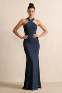 Crisscross Halter Sheath Chiffon Bridesmaid Dress with Bow in Dark Navy - SHE IS ME BRIDESMAID DRESSES