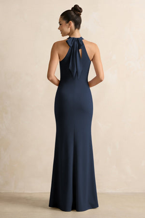 Crisscross Halter Sheath Chiffon Bridesmaid Dress with Bow in Dark Navy - SHE IS ME BRIDESMAID DRESSES