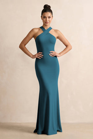 Crisscross Halter Sheath Chiffon Bridesmaid Dress with Bow in Dark Teal - SHE IS ME BRIDESMAID DRESSES
