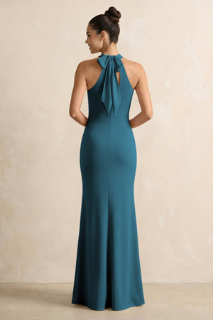 Crisscross Halter Sheath Chiffon Bridesmaid Dress with Bow in Dark Teal - SHE IS ME BRIDESMAID DRESSES