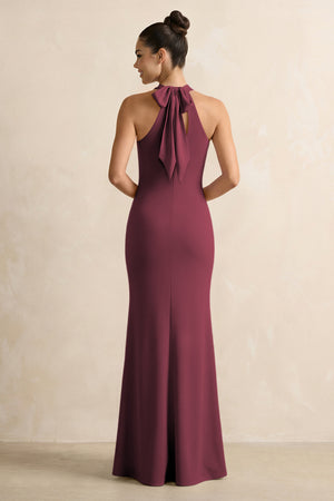 Crisscross Halter Sheath Chiffon Bridesmaid Dress with Bow in Desert Rose (2) | KISSBRIDAL
