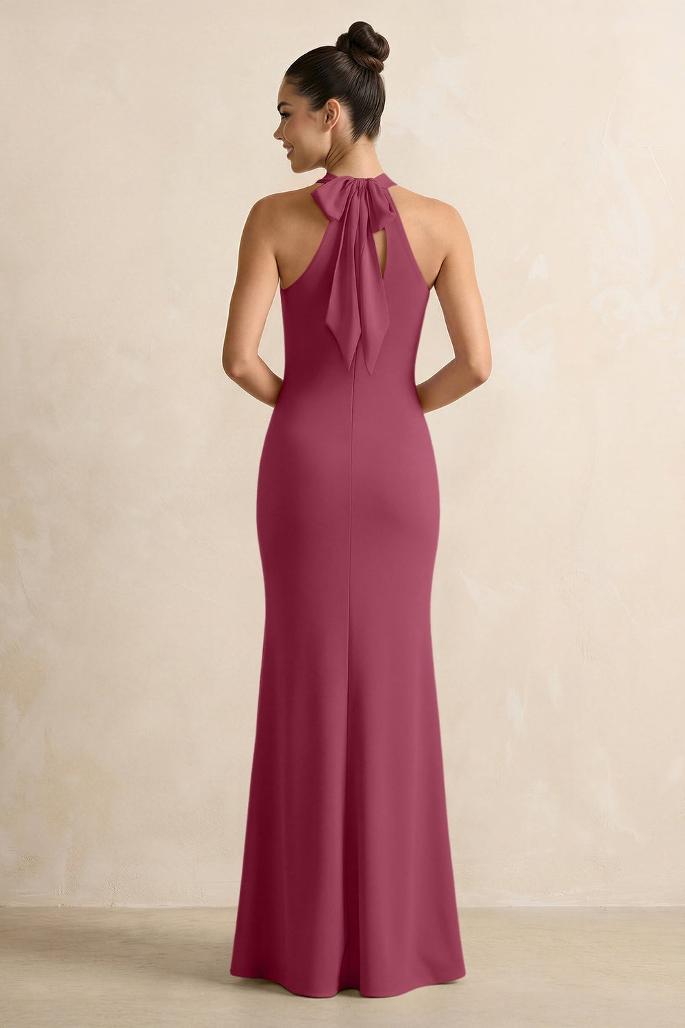 Crisscross Halter Sheath Chiffon Bridesmaid Dress with Bow in Desert Rose - KISS BRIDAL BRIDESMAID DRESSES