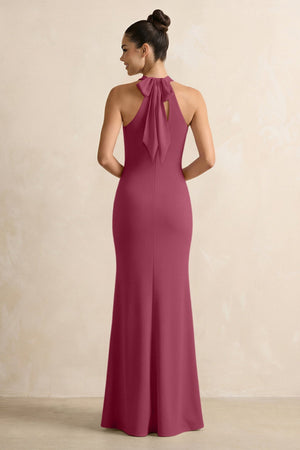 Crisscross Halter Sheath Chiffon Bridesmaid Dress with Bow in Desert Rose - SHE IS ME BRIDESMAID DRESSES