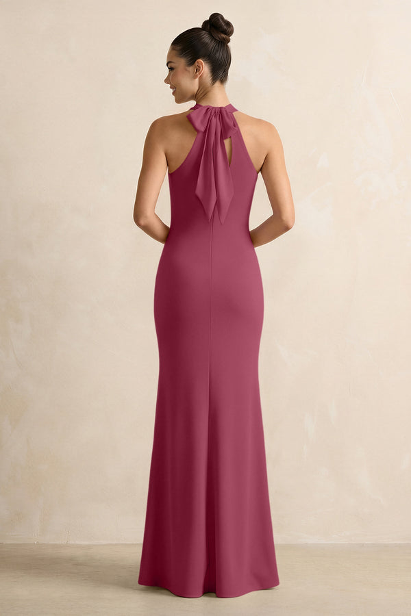 Crisscross Halter Sheath Chiffon Bridesmaid Dress with Bow in Desert Rose - SHE IS ME BRIDESMAID DRESSES