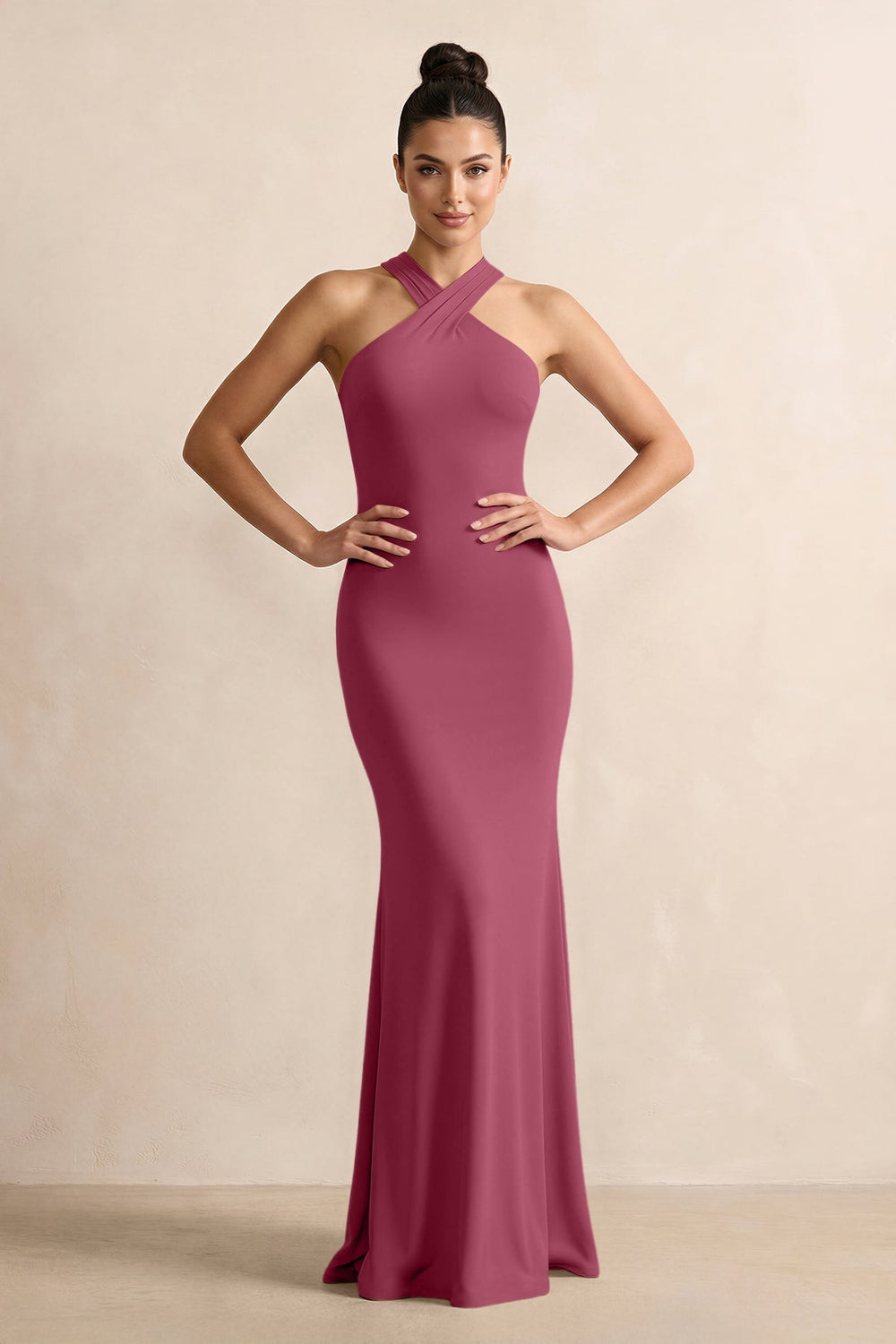 Crisscross Halter Sheath Chiffon Bridesmaid Dress with Bow in Desert Rose - KISS BRIDAL BRIDESMAID DRESSES