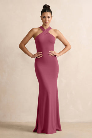 Crisscross Halter Sheath Chiffon Bridesmaid Dress with Bow in Desert Rose - SHE IS ME BRIDESMAID DRESSES