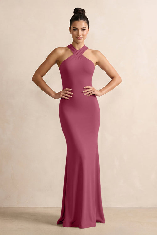 Crisscross Halter Sheath Chiffon Bridesmaid Dress with Bow in Desert Rose - SHE IS ME BRIDESMAID DRESSES