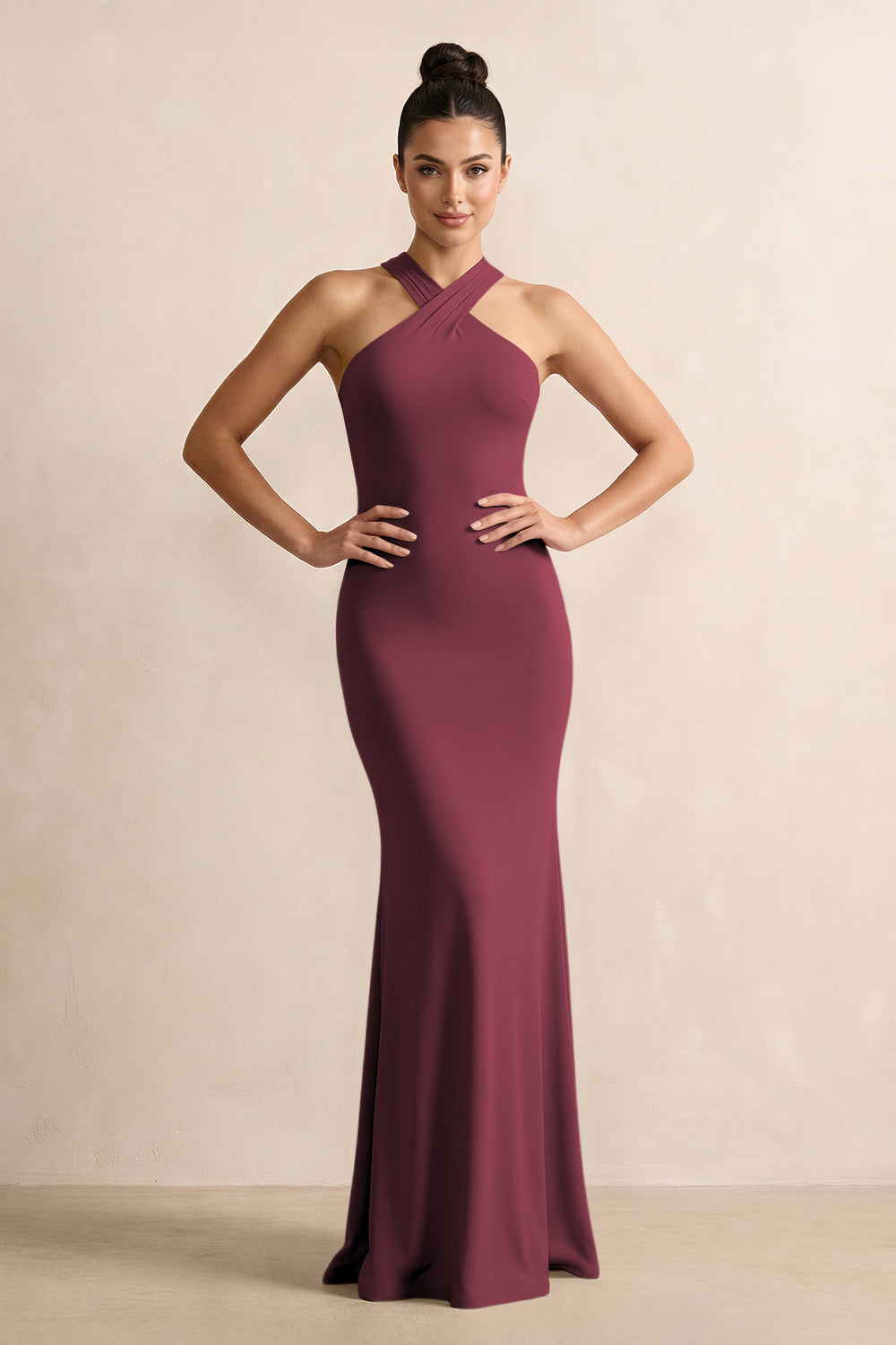 Crisscross Halter Sheath Chiffon Bridesmaid Dress with Bow in Desert Rose