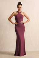 Crisscross Halter Sheath Chiffon Bridesmaid Dress with Bow in Desert Rose | KISSBRIDAL