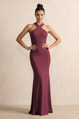 Crisscross Halter Sheath Chiffon Bridesmaid Dress with Bow in Desert Rose | KISSBRIDAL
