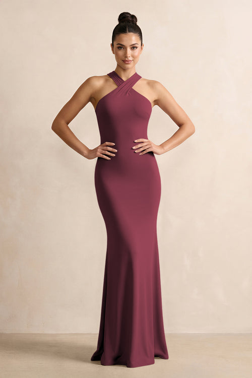 Crisscross Halter Sheath Chiffon Bridesmaid Dress with Bow in Desert Rose | KISSBRIDAL