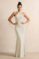 Crisscross Halter Sheath Chiffon Bridesmaid Dress with Bow in Dove Gray - SHE IS ME BRIDESMAID DRESSES