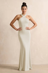 Crisscross Halter Sheath Chiffon Bridesmaid Dress with Bow in Dove Gray - KISS BRIDAL BRIDESMAID DRESSES