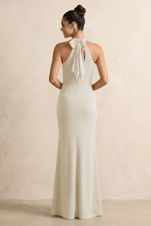 Crisscross Halter Sheath Chiffon Bridesmaid Dress with Bow in Dove Gray - SHE IS ME BRIDESMAID DRESSES