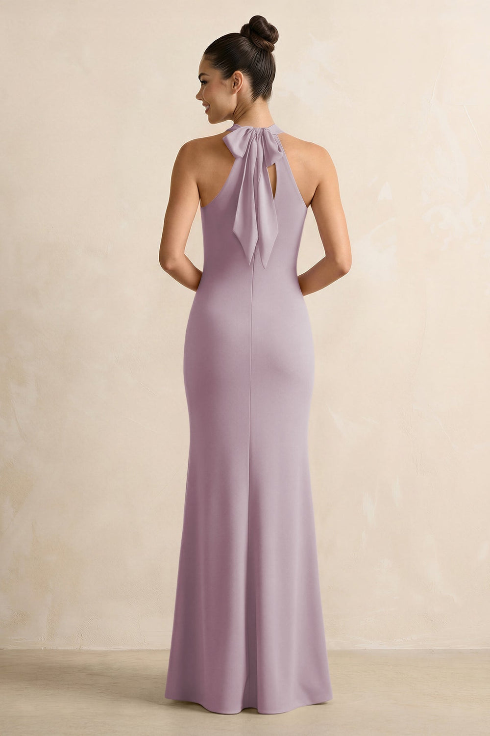 Crisscross Halter Sheath Chiffon Bridesmaid Dress with Bow in Dusk - KISS BRIDAL BRIDESMAID DRESSES