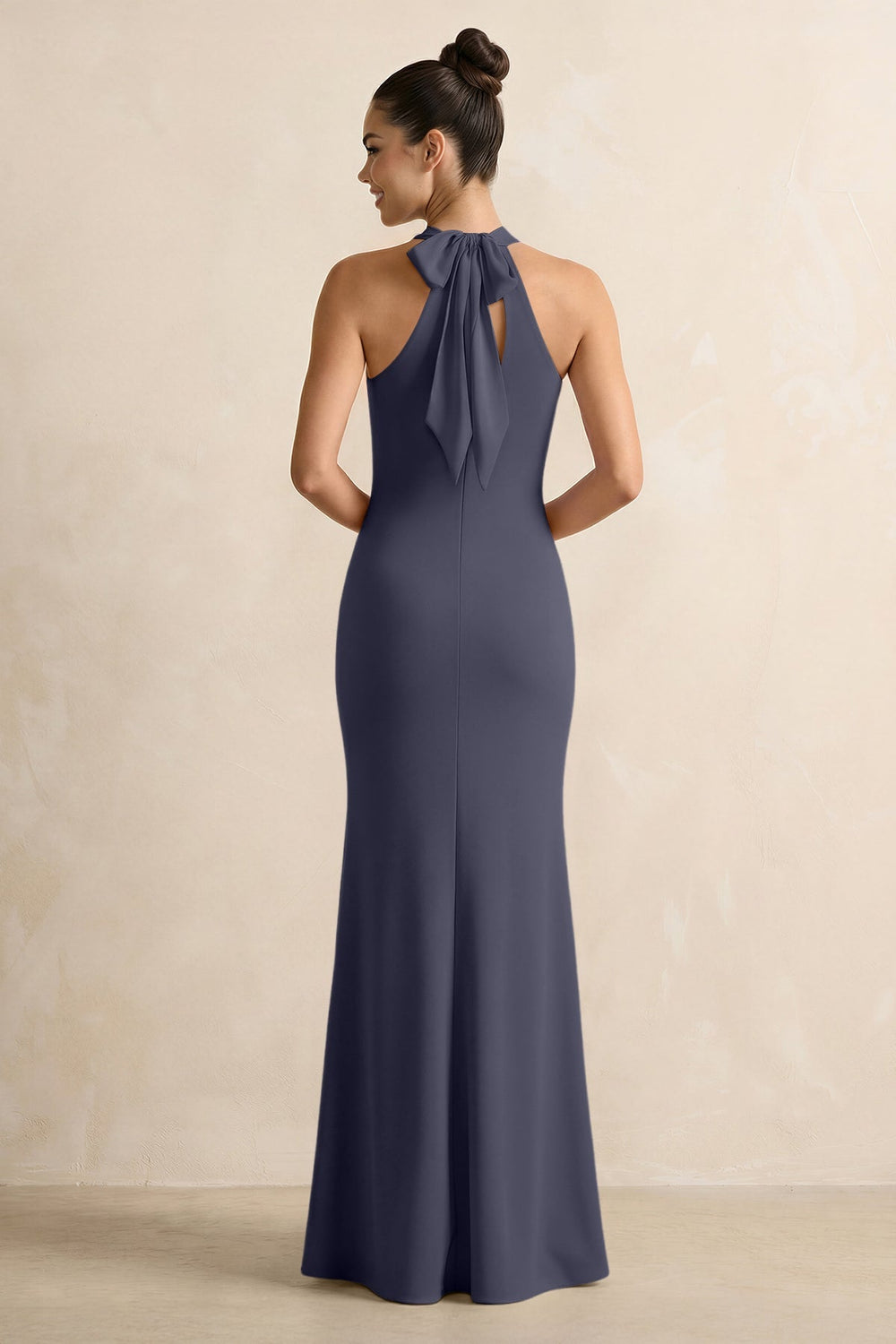 Crisscross Halter Sheath Chiffon Bridesmaid Dress with Bow in Dusk Blue - KISS BRIDAL BRIDESMAID DRESSES