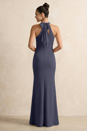 Crisscross Halter Sheath Chiffon Bridesmaid Dress with Bow in Dusk Blue - SHE IS ME BRIDESMAID DRESSES