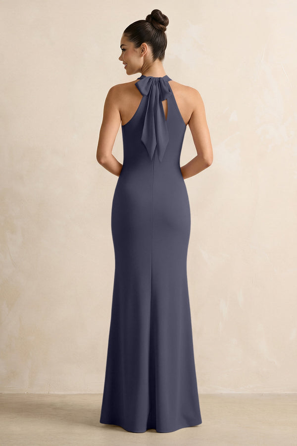 Crisscross Halter Sheath Chiffon Bridesmaid Dress with Bow in Dusk Blue - SHE IS ME BRIDESMAID DRESSES