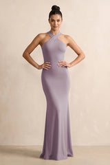 Crisscross Halter Sheath Chiffon Bridesmaid Dress with Bow in Dusk | KISSBRIDAL