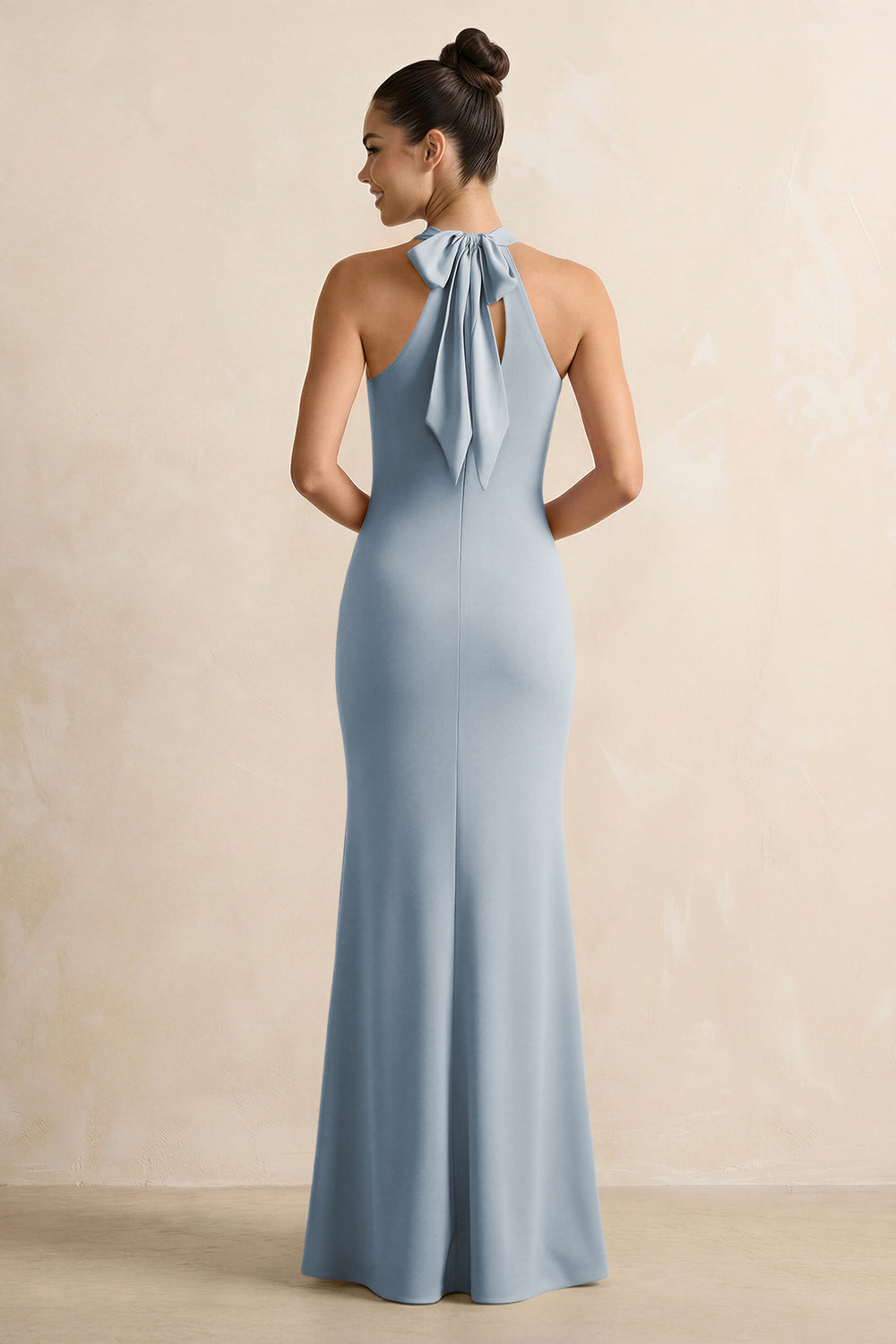 Crisscross Halter Sheath Chiffon Bridesmaid Dress with Bow in Dusty Blue