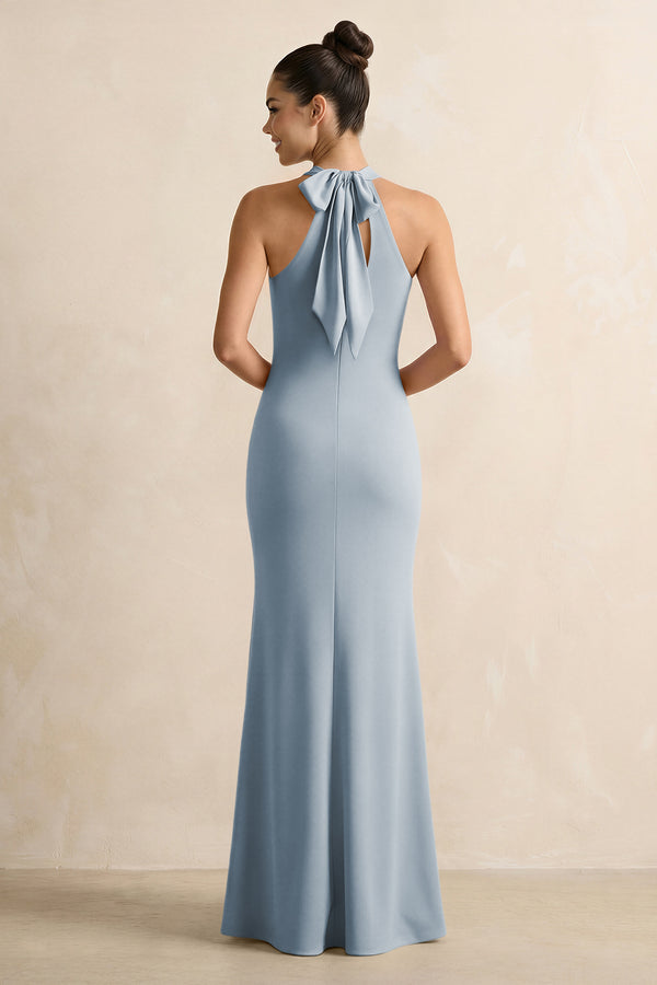 Crisscross Halter Sheath Chiffon Bridesmaid Dress with Bow in Dusty Blue (2) | KISSBRIDAL