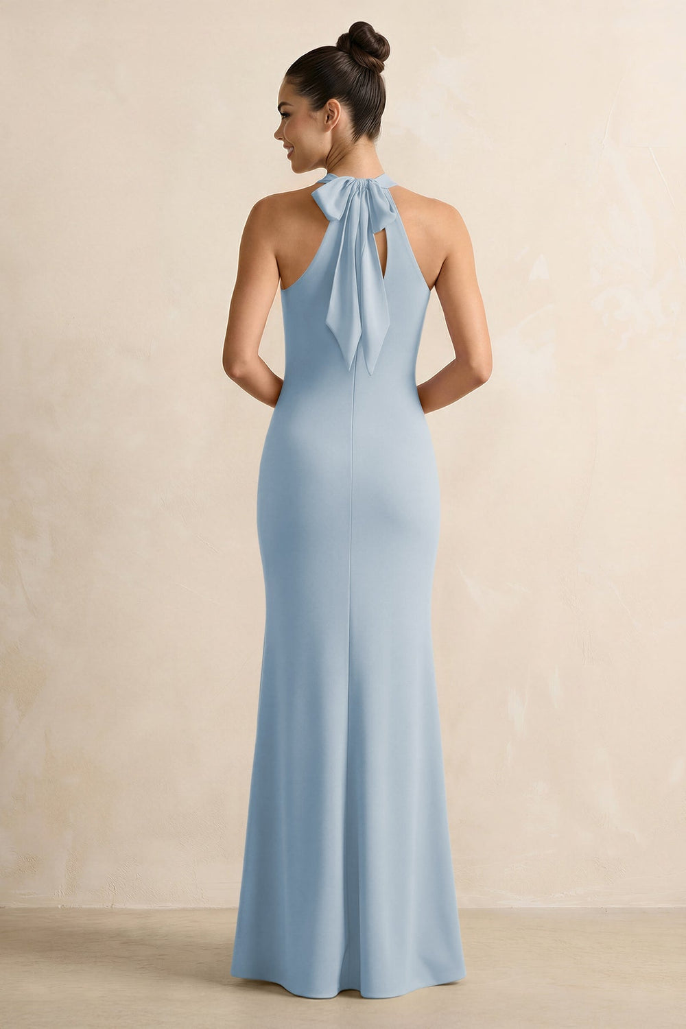Crisscross Halter Sheath Chiffon Bridesmaid Dress with Bow in Dusty Blue - KISS BRIDAL BRIDESMAID DRESSES