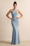Crisscross Halter Sheath Chiffon Bridesmaid Dress with Bow in Dusty Blue | KISSBRIDAL