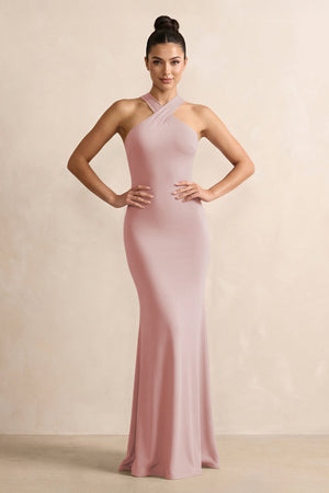 Crisscross Halter Sheath Chiffon Bridesmaid Dress with Bow in Dusty Rose - SHE IS ME BRIDESMAID DRESSES