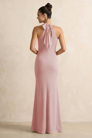 Crisscross Halter Sheath Chiffon Bridesmaid Dress with Bow in Dusty Rose - SHE IS ME BRIDESMAID DRESSES