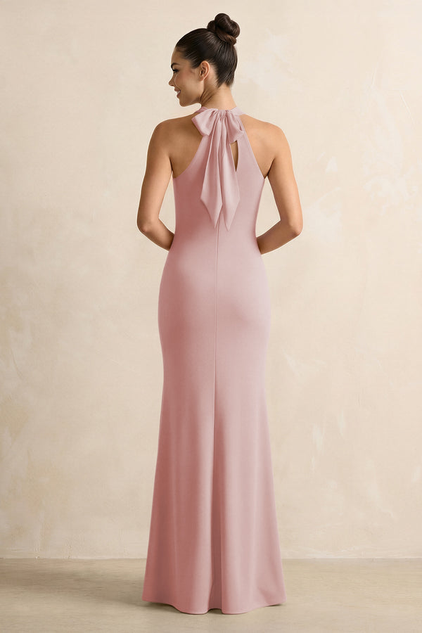 Crisscross Halter Sheath Chiffon Bridesmaid Dress with Bow in Dusty Rose - SHE IS ME BRIDESMAID DRESSES