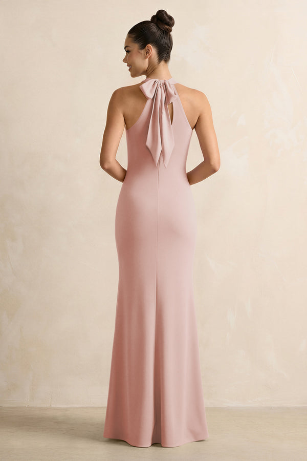 Crisscross Halter Sheath Chiffon Bridesmaid Dress with Bow in English Rose (2) | KISSBRIDAL