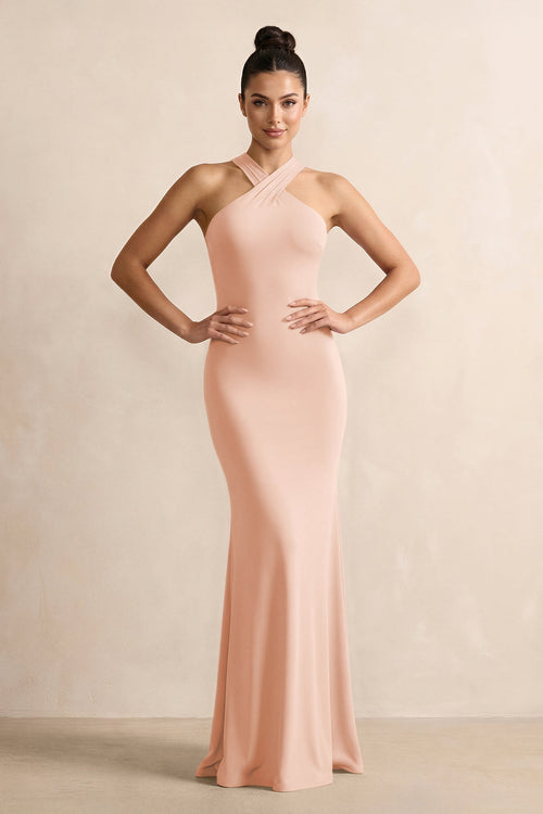 Crisscross Halter Sheath Chiffon Bridesmaid Dress with Bow in English Rose - SHE IS ME BRIDESMAID DRESSES