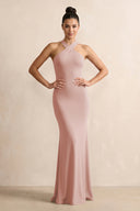 Crisscross Halter Sheath Chiffon Bridesmaid Dress with Bow in English Rose | KISSBRIDAL