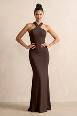Crisscross Halter Sheath Chiffon Bridesmaid Dress with Bow in Espresso - KISS BRIDAL BRIDESMAID DRESSES
