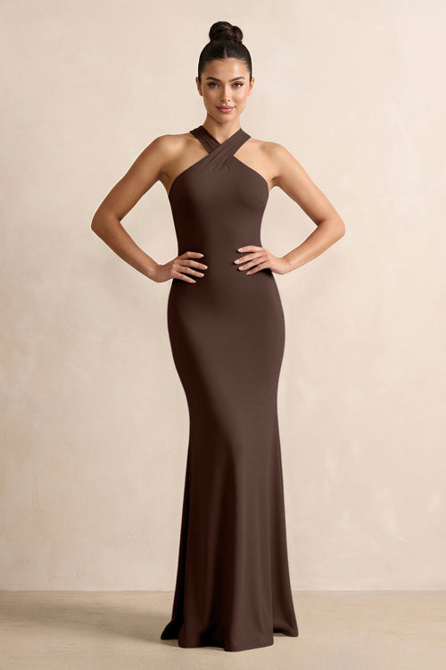 Crisscross Halter Sheath Chiffon Bridesmaid Dress with Bow in Espresso - SHE IS ME BRIDESMAID DRESSES