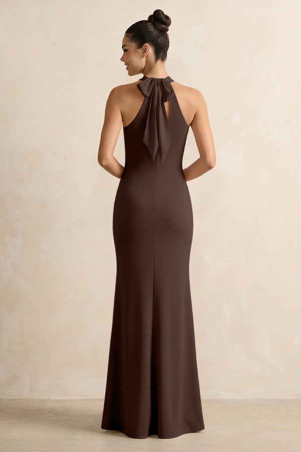 Crisscross Halter Sheath Chiffon Bridesmaid Dress with Bow in Espresso - SHE IS ME BRIDESMAID DRESSES