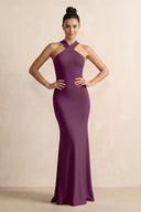 Crisscross Halter Sheath Chiffon Bridesmaid Dress with Bow in Fig - SHE IS ME BRIDESMAID DRESSES