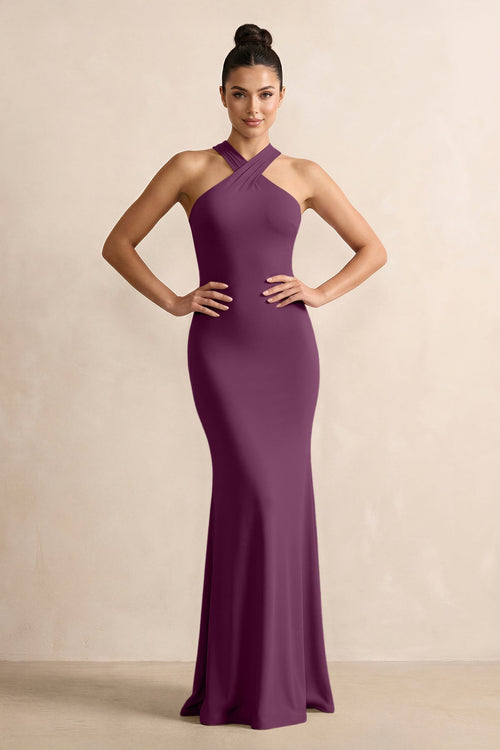Crisscross Halter Sheath Chiffon Bridesmaid Dress with Bow in Fig - SHE IS ME BRIDESMAID DRESSES