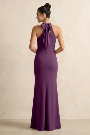 Crisscross Halter Sheath Chiffon Bridesmaid Dress with Bow in Fig (2) | KISSBRIDAL