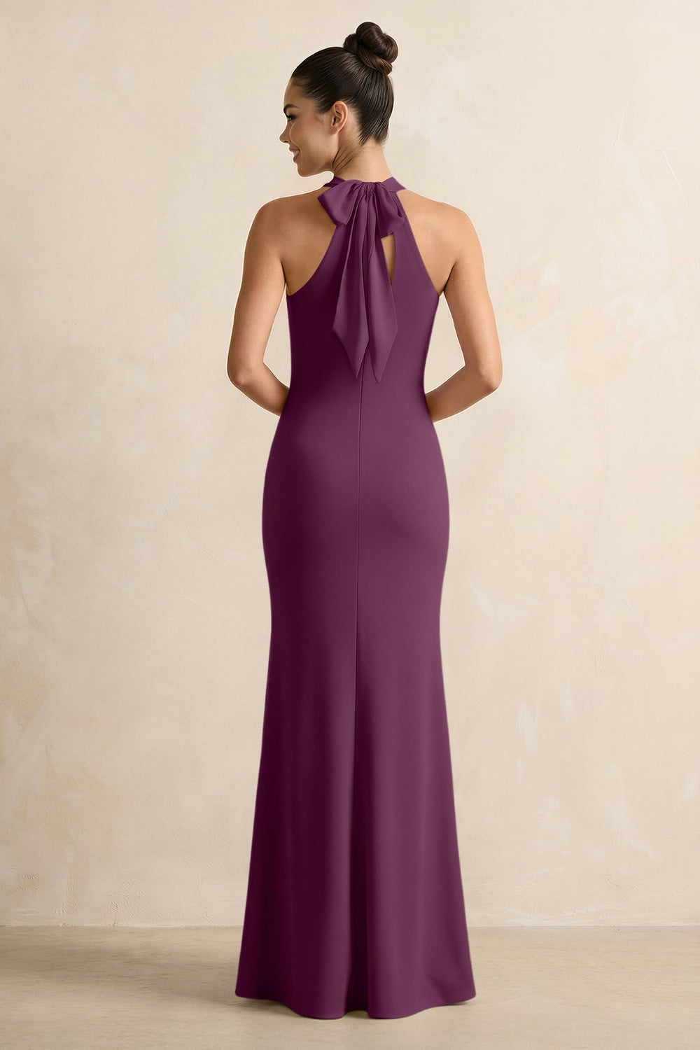 Crisscross Halter Sheath Chiffon Bridesmaid Dress with Bow in Fig - KISS BRIDAL BRIDESMAID DRESSES