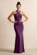 Crisscross Halter Sheath Chiffon Bridesmaid Dress with Bow in Fig | KISSBRIDAL