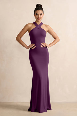 Crisscross Halter Sheath Chiffon Bridesmaid Dress with Bow in Fig | KISSBRIDAL